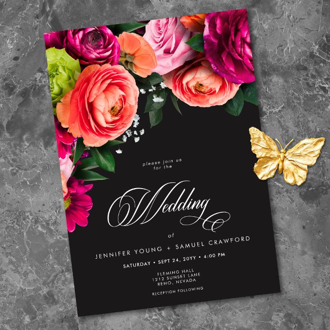 Moody Luxe Floral Vibrant Pink Black Wedding Einladung (Moody Luxe Floral Vibrant Pink Black Wedding Invitation)