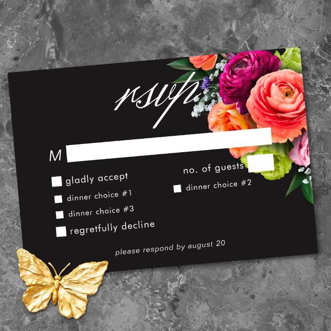 Moody Luxe Floral Vibrant Pink Black Wedding RSVP Karte (Moody Luxe Floral Vibrant Pink Black Wedding RSVP Card)