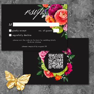 Moody Luxe Floral Vibrant Pink Schwarze Hochzeit Q RSVP Karte