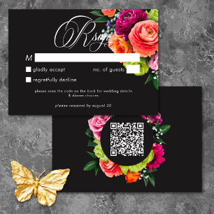 Moody Luxe Floral Vibrantes Rosa-Schwarze Hochzeit RSVP Karte