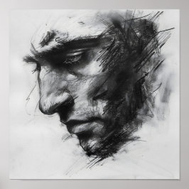 Moody Man's Face Charcoal Sketch Poster