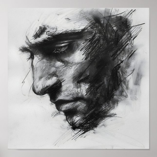 Moody Man's Face Charcoal Sketch Poster (Vorne)