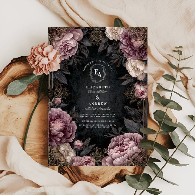 Moody Mauve Peony & Black Gothic Wedding Einladung (Von Creator hochgeladen)
