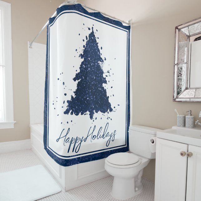 Moody Merry Christmas | Classy Dark Navy Blue Tree Duschvorhang (Beispiel)