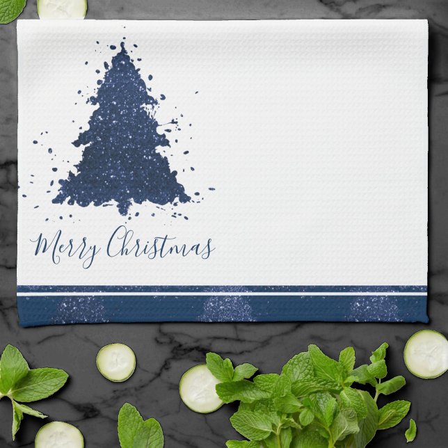 Moody Merry Christmas | Classy Dark Navy Blue Tree Geschirrtuch (Von Creator hochgeladen)