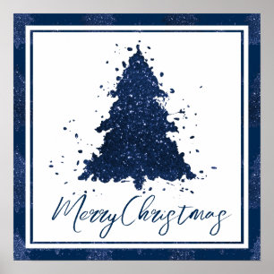 Moody Merry Christmas   Classy Dark Navy Blue Tree Poster