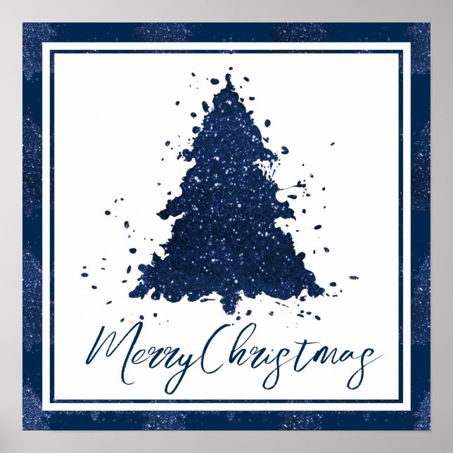 Moody Merry Christmas | Classy Dark Navy Blue Tree Poster (Vorne)