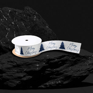 Moody Merry Christmas Classy Dark Navy Blue Tree Satinband