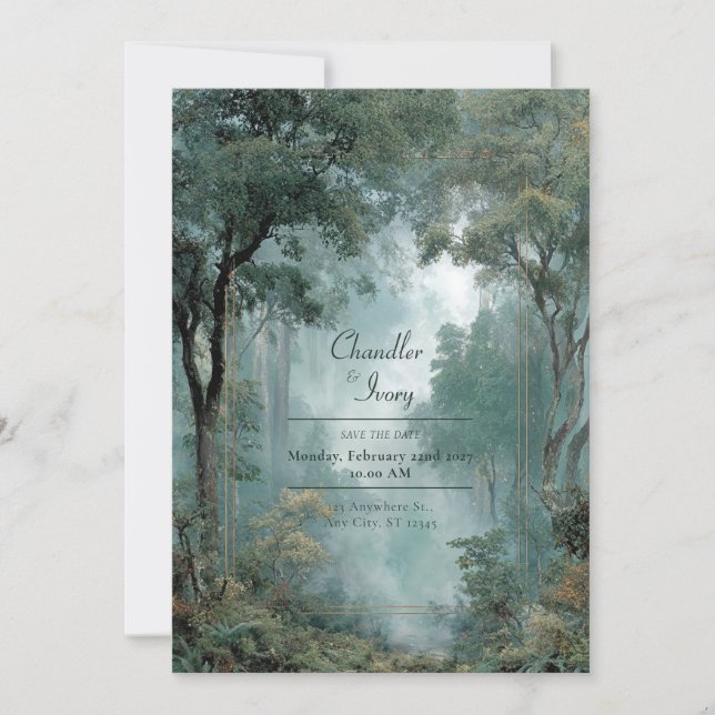 Moody Misty Forest Gold Frame Wedding Einladung (Vorderseite)
