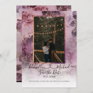 Moody Modern Floral Lila Script Foto Herz Save The Date