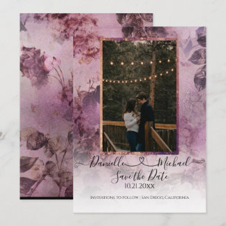 Moody Modern Floral Lila Script Foto Herz Save The Date