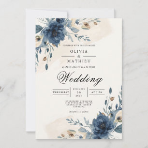 Moody Navy Floral Arch Wedding Einladung