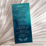 Moody Ocean Watercolor Hochzeitmenü Menükarte<br><div class="desc">Dieses stimmungsvolle ozeanische Hochzeitsmenü ist perfekt für Ihre einfache tropische Hochzeit. Es ist mit minimalistisch weißen tropischen Blätter und einem atemberaubend dunkelblau-grünen Hintergrund gestaltet.</div>
