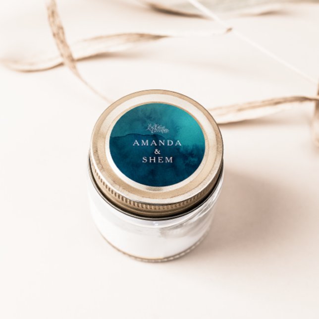 Moody Ocean Watercolor Hochzeitsslittings-Umschlag Runder Aufkleber (Von Creator hochgeladen)