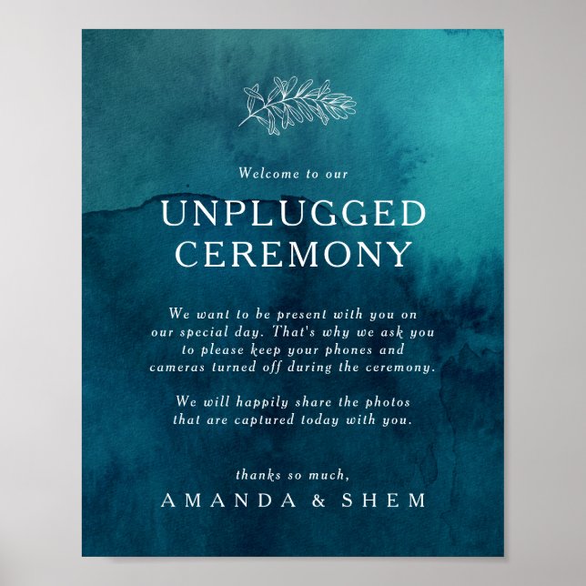 Moody Ocean Watercolor Unplugged Zeremony Sign Poster (Vorne)