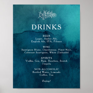 Moody Ocean Watercolor Wedding Drinks Menü Zeichen Poster