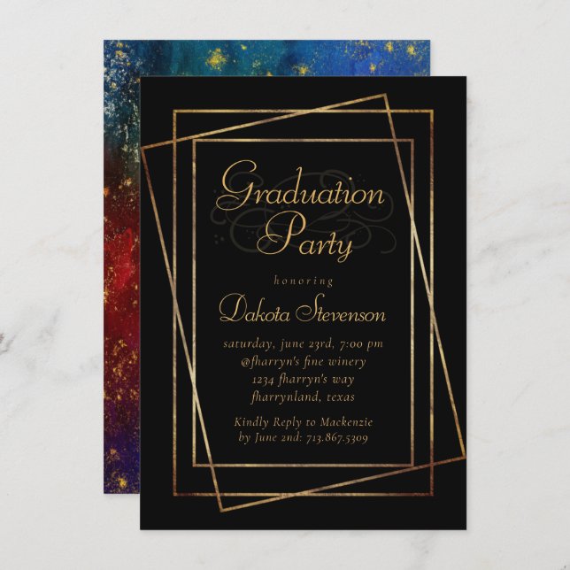 Moody Ombre | Blue Jewel Tone Gold Star Grad Party Einladung (Vorne/Hinten)