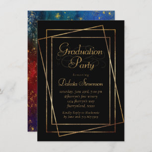 Moody Ombre Blue Jewel Tone Gold Star Grad Party Einladung
