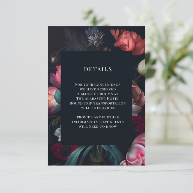 Moody Painterly Peony Floral Wedding Details Begleitkarte (Stehend Vorderseite)