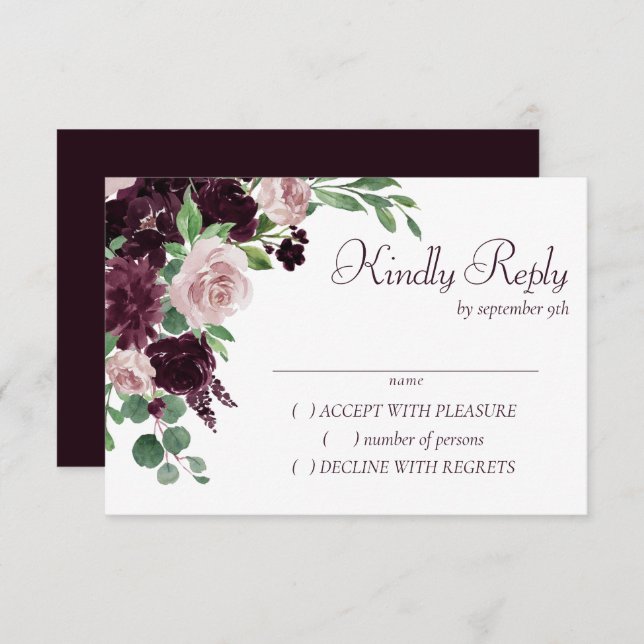 Moody Passions | Dramatischer Lila Wein Rose Bouqu RSVP Karte (Vorne/Hinten)