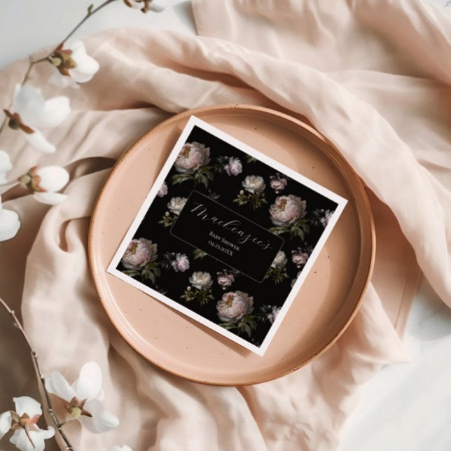Moody Peony Flowers Baby Shower  Serviette (Party Napkin Moody Peony Baby Shower Collection)