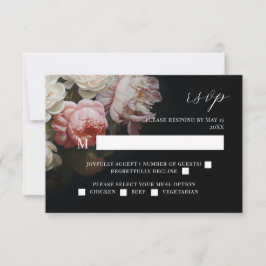 Moody Peony Rose Floral Wedding Black RSVP Card Karte