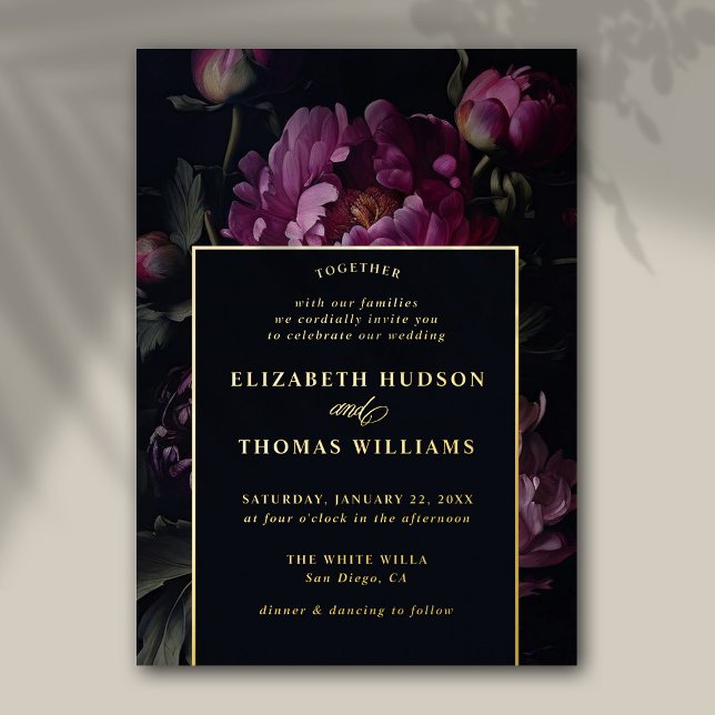 Moody Pink Peony Moderne Vintage Elegante Hochzeit Folieneinladung (moody floral wedding invitation vintage pink peony dark elegant classic formal frame gold foil)