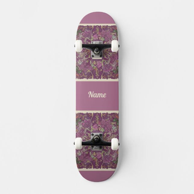 Moody Plum Floral Doodle Art Skateboard (Vorderseite)