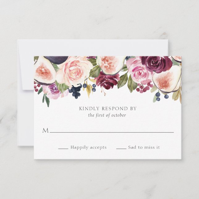 Moody Plum Floral und Fig Wedding RSVP Karte (Vorderseite)