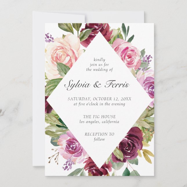 Moody Plum Geometric Floral Wedding Einladung (Vorderseite)