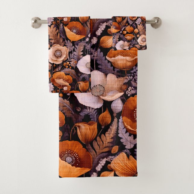 Moody poppies on black pattern badhandtuch set (Insitu)