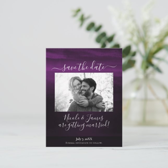 Moody Pum Lila Modern Watercolor Rett Date Einladung (Stehend Vorderseite)