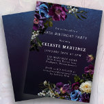 Moody Purple Flowers 40. Geburtstags-Party Einladung<br><div class="desc">Tief violette Blumen mit weißen und blauen Pop sorgen für eine stimmungsvolle Winterpalette. Sie sind in dunkelgrünem und schwarzem Blattwerk eingebettet. Der dunkelblaue Aquarellhintergrund verleiht ihm ein gotisches Flair und rahmt die Blume perfekt ein. Es macht auch den weißen Text Pop. Diese Einladung zum 40. Geburtstag ist zum Download und...</div>