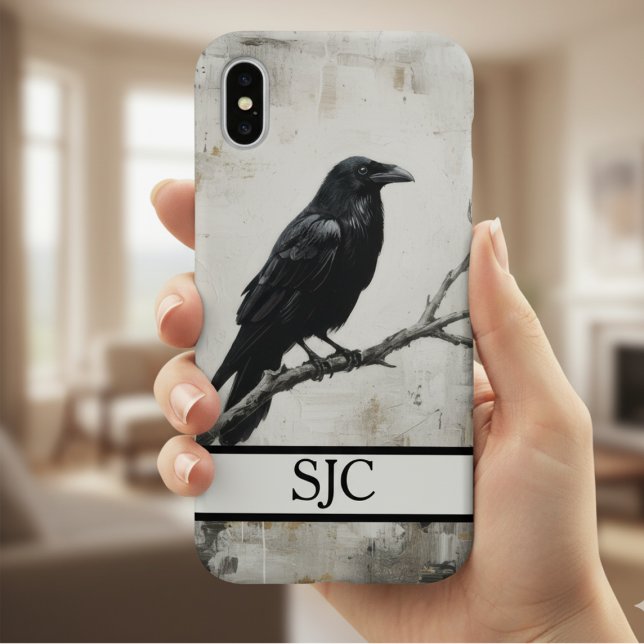 Moody Raven Dark Academia Monogramm iPhone 16 Hülle (Gothic raven phone case)