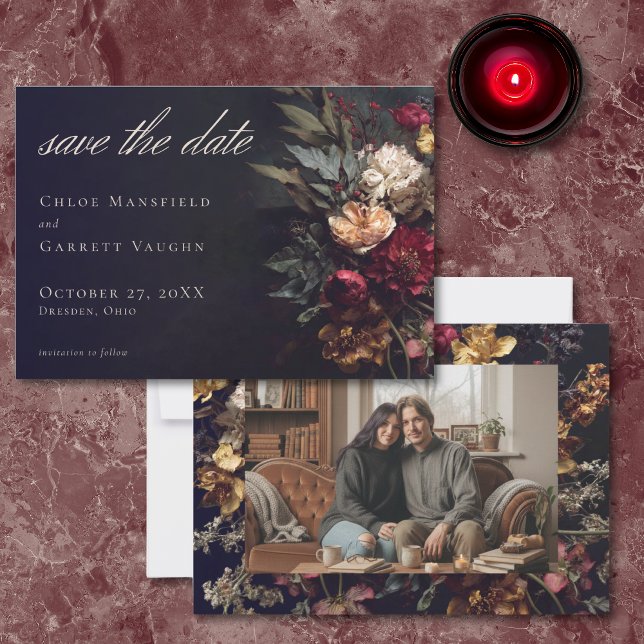 Moody Romantic Dark Floral Gothic Photo Wedding Save The Date (Von Creator hochgeladen)