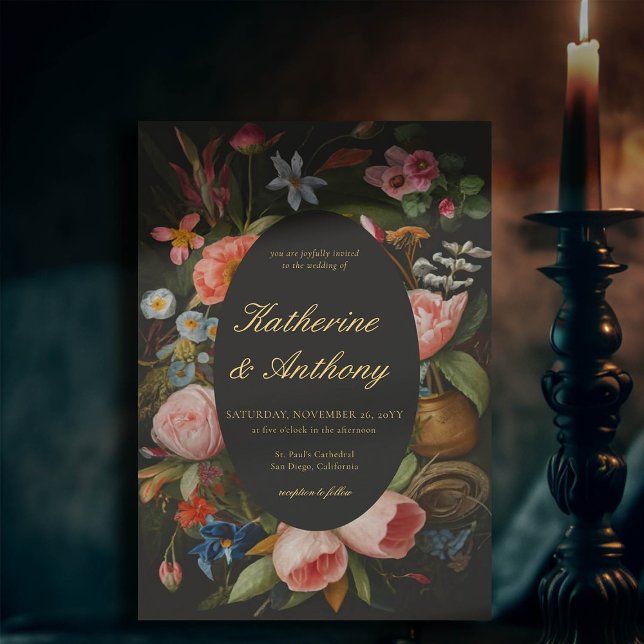 Moody Romantic Dreamy Pinks Dark Gothic Wedding Einladung (moody romantic wedding invitation pink floral frame painting dutch masters elegant gothic dark black)