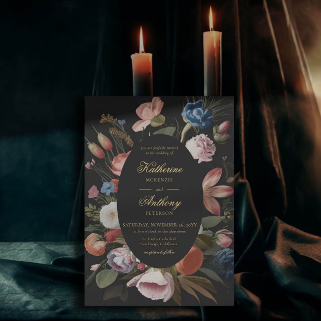 Moody Romantic Floral Dreamy Black Frame Wedding Einladung (moody romantic wedding invitation floral frame painting dutch masters elegant gothic dark black chic)