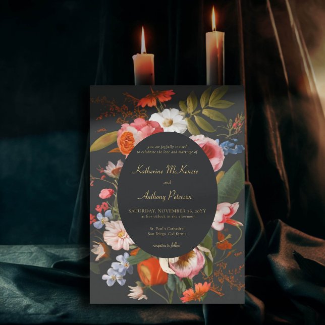 Moody Romantic Gothic Dark Bold Floral Wedding Einladung (moody romantic wedding invitation bold pink red floral frame painting dutch masters elegant gothic )