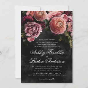 Moody Romantic Pink Floral Bouquet auf schwarz Einladung