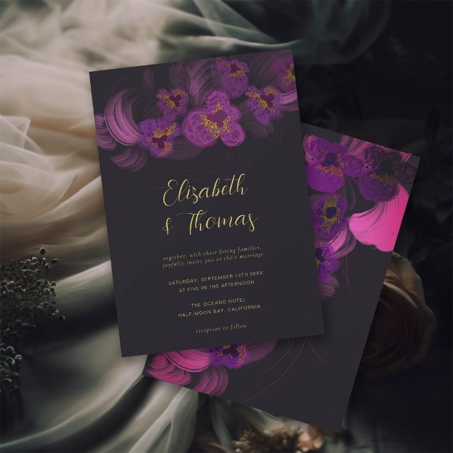 Moody-Romantische Lila Orchids Dark Floral Wedding Einladung (moody romantic wedding invitation dark magenta purple orchids gothic elegant gold formal)