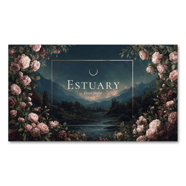 Moody Rose Floral and Twilight Mountain Landscape Magnetische Visitenkarte (Vorderseite)