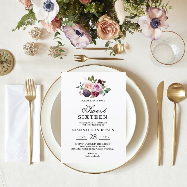 Moody & Rustic Burgund Wasserfarbe Blume & Berry Einladung (Von Creator hochgeladen)