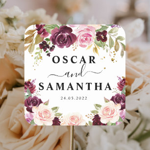 Moody & Rustic Burgund Wasserfarbe Blume & Leaf Quadratischer Aufkleber