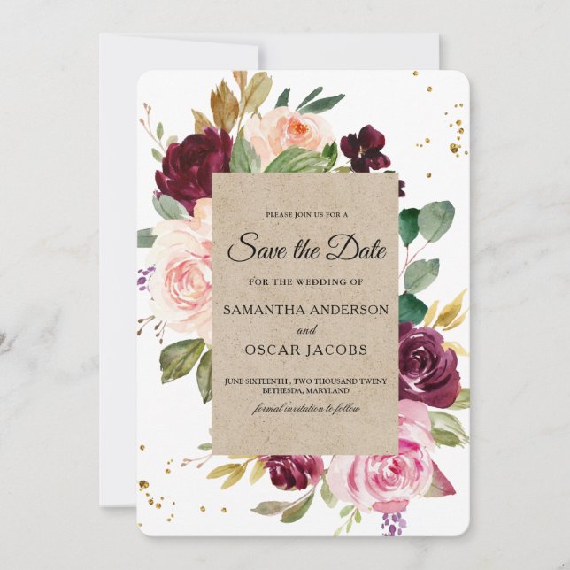 Moody & Rustic Burgundy Kraft Floral Frame & Gold Save The Date (Vorderseite)