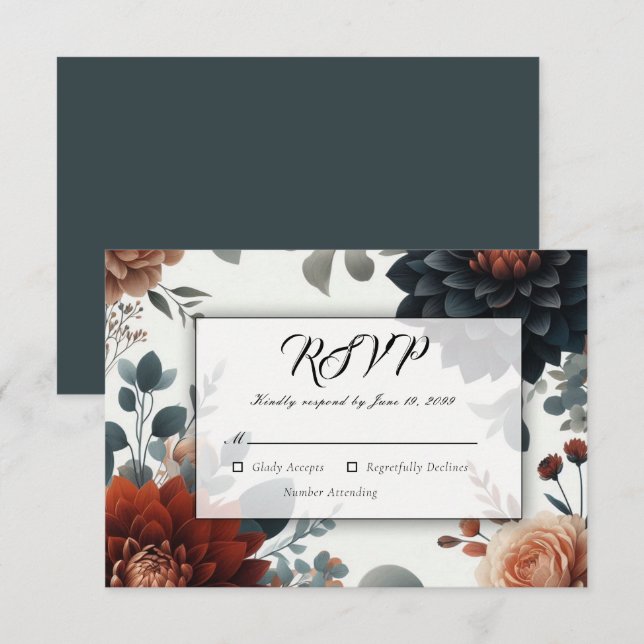 Moody Rustic Fall Florals Wedding RSVP Karte (Vorne/Hinten)
