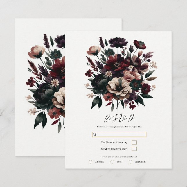 Moody Rustic Garden Florals Bohemisch Wedding RSVP Einladung (Vorne/Hinten)