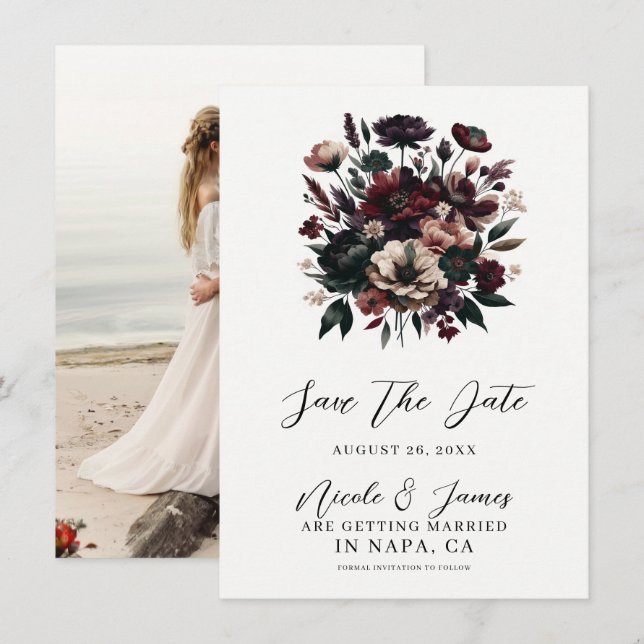 Moody Rustic Garden Florals Save the Date Bohemisc Einladung (Vorne/Hinten)