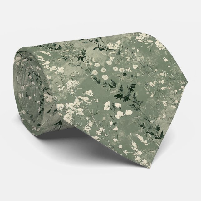 Moody Sage Green Wildblume Personalisiert Wedding Krawatte (Gerollt)