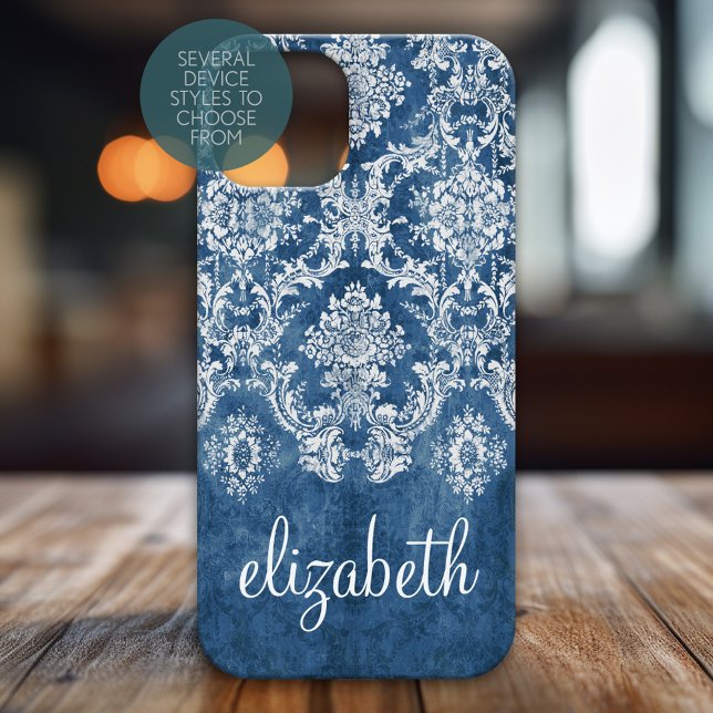 Moody Sapphire Blue Vintag Damask Muster Name Case-Mate iPhone Hülle (Personalized Phone Case)