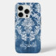 Moody Sapphire Blue Vintag Damask Muster Name iPhone 15 Pro Hülle (Back)